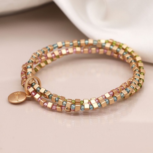 Triple Layer Golden Cube & Multicolour Bead Bracelet by Peace of Mind